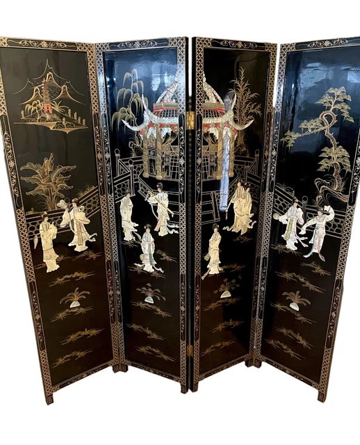 VINTAGE CHINESE BLACK Lacquer Folding 4 Panel Room Divider Screen