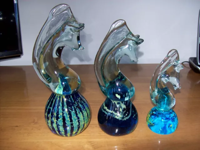 Set Of 3 X Mdina  Blown Art Glass Seahorse Paperweights 3 X Sizes
