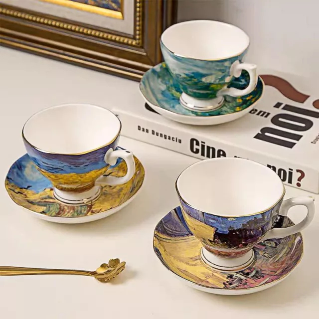 Coffee Tea Mug Set Van Gogh Oil Painting Print Art Cup Dish Fine China Bone Gift