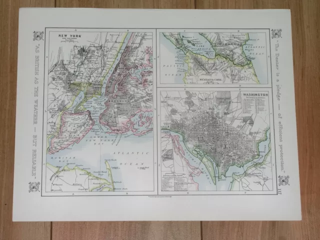 1921 Antique Map Plan Of New York Washington D.c. South America Nicaragua Canal