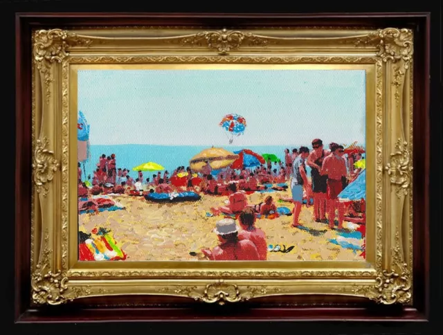 ORIGINAL OIl Painting Handmade Arseni ~ CROWDED BEACH 6" X 4" NO FRAME USA