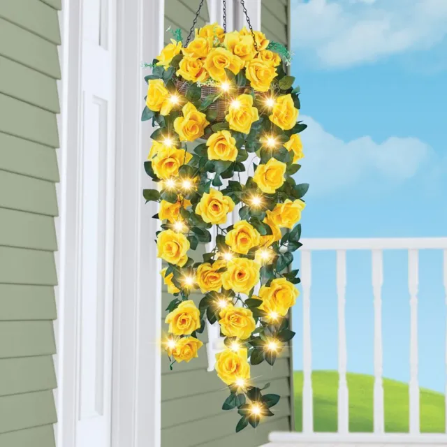 LED Solar Lighted Yellow Roses Hanging Basket Spring Flowers Patio Garden Decor