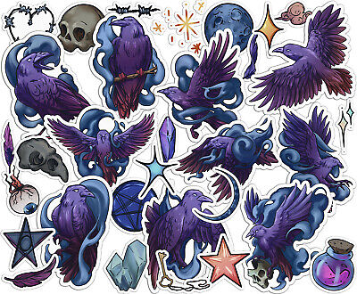Stickers 32 PCS Pack for Laptop Set Magic Raven Bird Witchy Purple Skull Crow 2