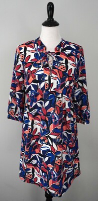J. CREW White Blue Red Flore Lace Up V-Neck Spring Summer Shift Dress Size Small