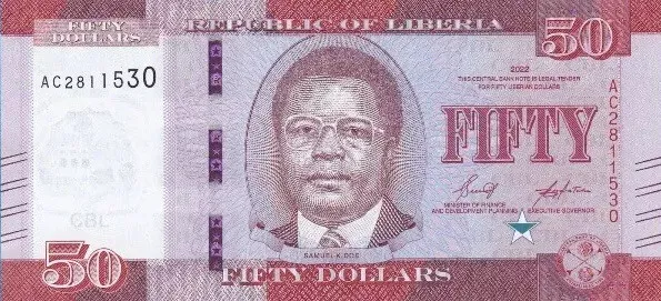 2022 Liberia $50 LRD Circulated Banknote. Single fifty dollars Liberia Currency