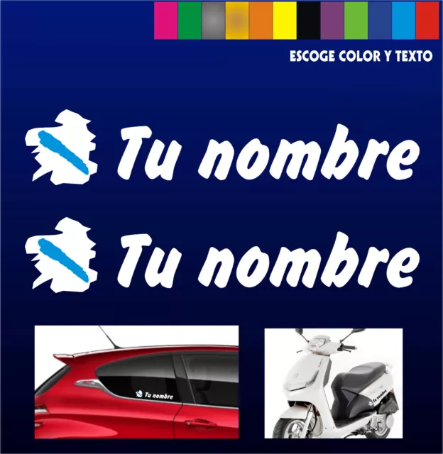 X2 PEGATINAS Bandera de Galicia + Nombre - PERSONALIZABLE -MOTO - COCHE - VINILO