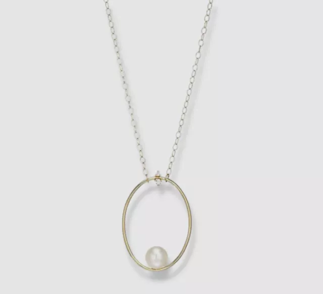 $1595 Mizuki Womens 14K Yellow Gold Floating Pearl Diamond Oval Pendant Necklace