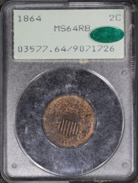 1864 (MS64 RB CAC) Two Cent Piece Red Brown 2c Rattler Holder PCGS