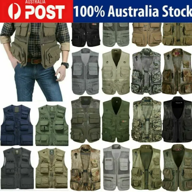 Men Multi Pockets Cargo Waistcoat Mesh Vest Gilet Fishing Hiking Work Outdoor