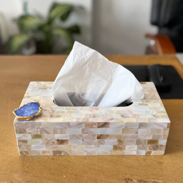 Blue Mother of Pearl Tissue Box Holder with Agate Dining Table Napkin Holder