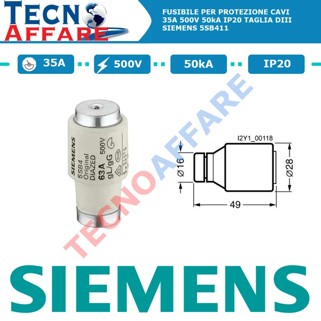 Fusibile 35A 500V 50kA IP20 Taglia DIII Per Protezione Cavi Diazed Siemens