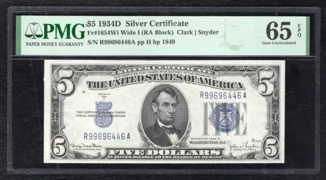 FR. 1654Wi 1934-D $5 SILVER CERTIFICATE NOTE PMG GEM UNCIRCULATED-65EPQ
