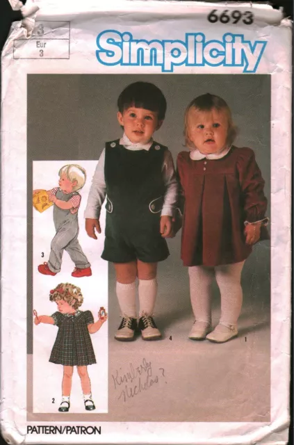 6693 Vintage Simplicity Sewing Pattern Girls Dress Boys Overalls 1980s OOP Sew