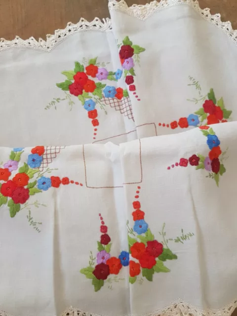 Vintage Hand EMBROIDERED Red/Blue HOLLYHOCKS w Latticework Tablecloth