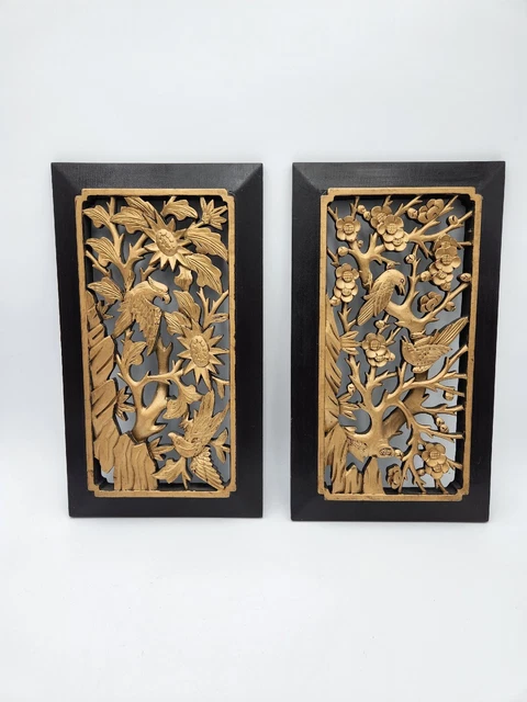Vintage Hand carved wood Chinese gold black panel Set of 2 floral & birds Asian