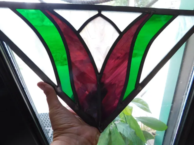 2 Panel Tulip Leaded Stain Glass Purple Green Frosted