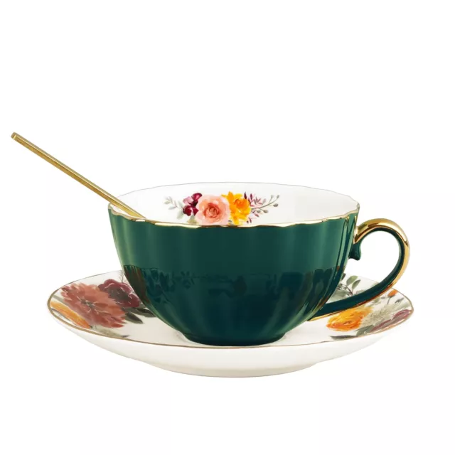 7oz Tea Cup and Saucer Set for 1, Ceramic Tea Cup with Gold Trim, Porcelain C...
