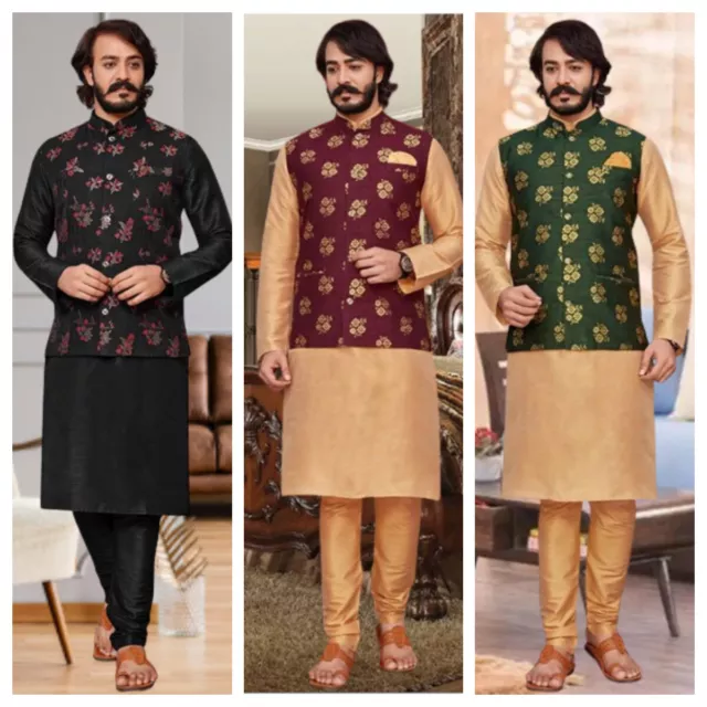 Kurta Pajama & Modi Jacket 3PC Set Embroidery Wedding Party fashion Jacquard