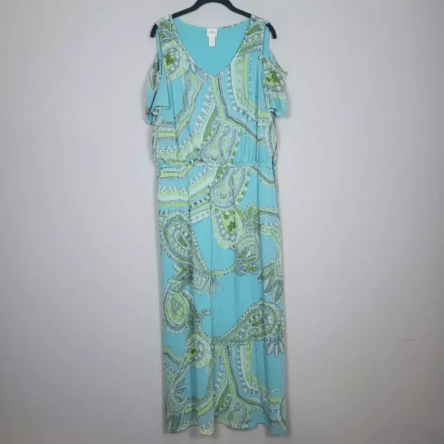 Chicos Womens XL 3 Maxi Dress Turquoise Green Paisley Cold Shoulder Side Slits