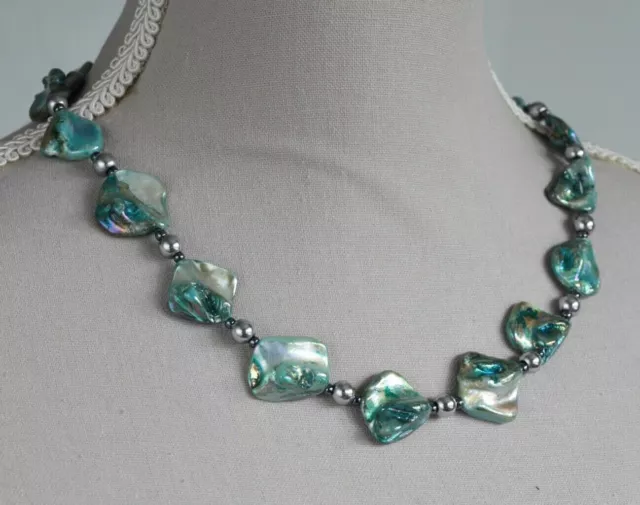 Aqua / Turquoise Blue Mother Of Pearl & Hematite Necklace ~ Sterling Silver 19"