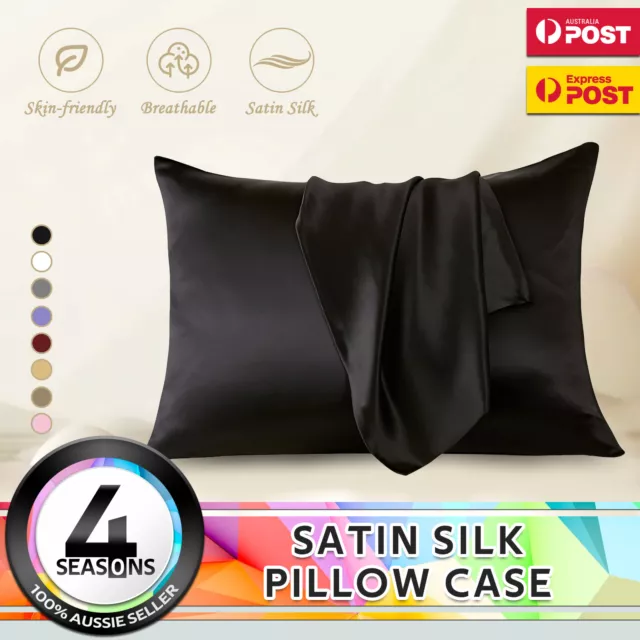 2Pcs Silk Satin Pillow Case Cover Solid Standard Bedding Smooth Soft Pillowcase