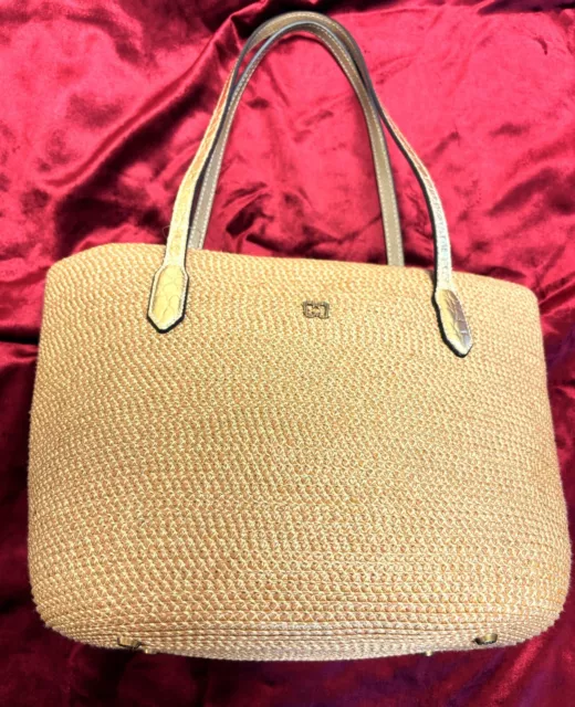 Eric Javits Straw Squishee Shoulder Tote with Metallic Gold Leather Handles