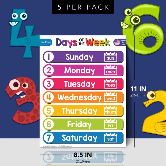 DAYS OF THE Week Educational Poster Learning Chart Classroom, 8.5 x 11 ...