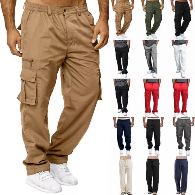 Mens Elasticated Waist Cargo Pants Casual Combat Work Trousers Tracksuit Bottoms