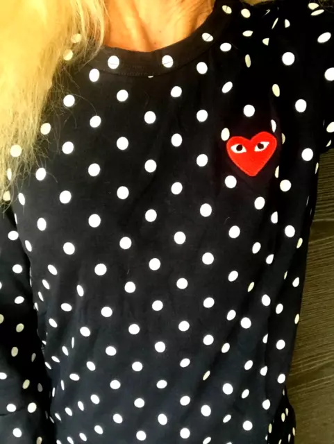 BNWT COMME DES GARCONS PLAY Red Heart Navy & White Polka Dots Long Sleeve Top