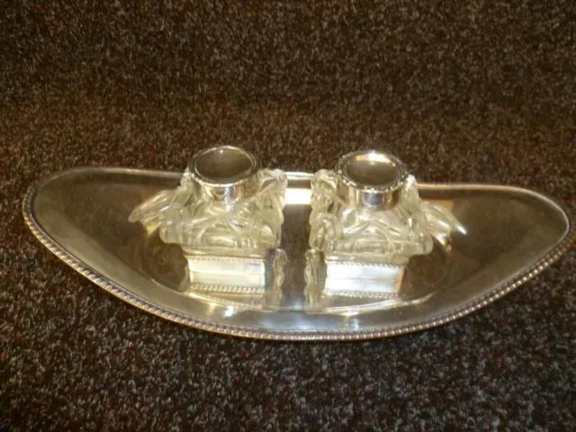 Victorian Gadrooned Edge, Silver On Copper Inkwell Stand, With Cut Glass Wells 3