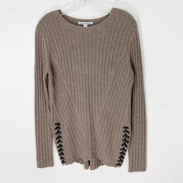 Autumn Cashmere Wool Blend Ribbed Knit Sweater with Lambswool Lace Sides Tan