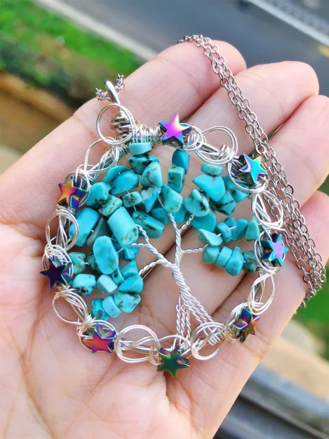 Turquoise Gem Tree Of Life Water-Drop Necklace Chakra Reiki Healing Amulet