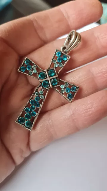 Blue Glass Pendant Cross Bead Rhinestone silver tone Necklace 2 Inches