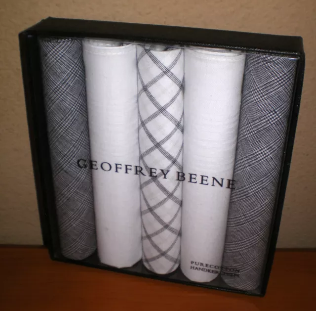 Geoffrey Beene Black & White STRIPED Mens 5 pk Handkerchiefs 100% Cotton NEW