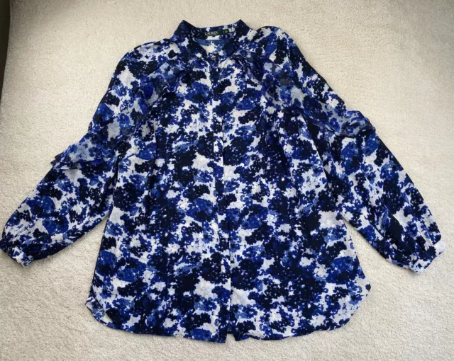 Lauren Ralph Lauren Shirt Blouse Womens 1X Blue Floral Long Sleeve Ruffle