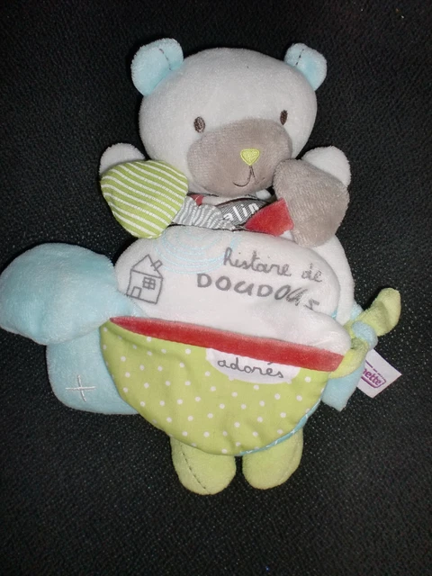 peluche doudou livre ours blanc gris vert bleu POMMETTE