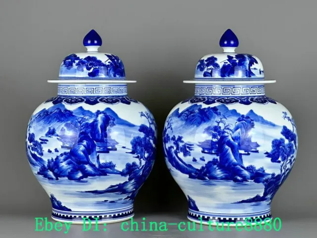 13 "Qing Kangxi qingham Shanshui céramique Crock Jar pot paire