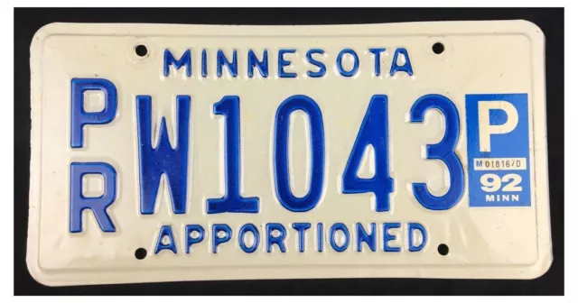 Minnesota 1992 APPORTIONED TRUCK license plate P/RW1043!