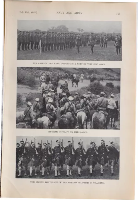 1915 Ww1 Print Russian Cavalry March King Inspecting Army Unit London Scottish