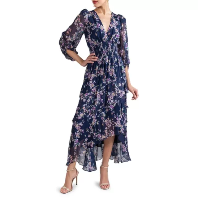 Shoshanna Pamela Canterbury Floral Midi Dress in Navy Blush Lurex Size 2