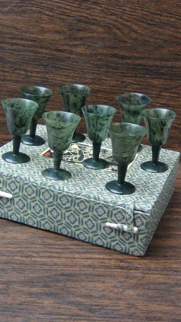 Set Of 8 Antique Chinese Hand Carved Jasper/Spinach Jade Wine Cups ,Original Box