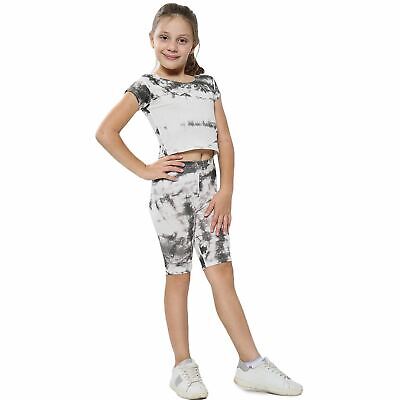 Kids Tie Dye Grey Crop Top & Cycling Shorts Set Active Wear Girls Boys Age 5-13