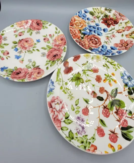 3 Pier 1 Imports Dolomite Salad Dessert Luncheon Plate Flowers Roses Berries 8.5