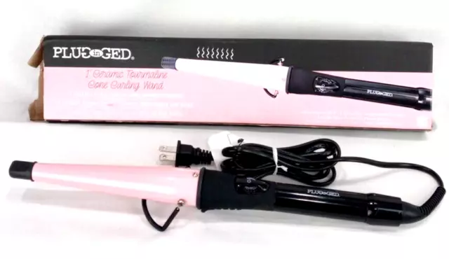 Plugged In Ceramic Tourmaline Cone Curling Wand 1" Pink Black Heats 450* 680638