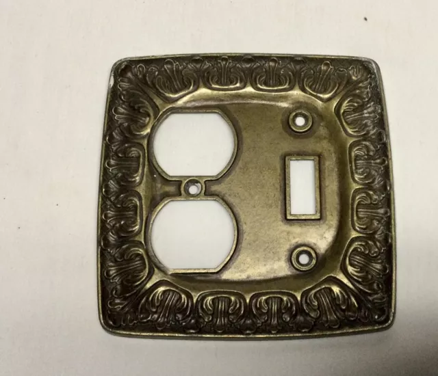 Vintage Deco Ornate Brass Single Switch-Double Outlet Brass Wall Plate. Used