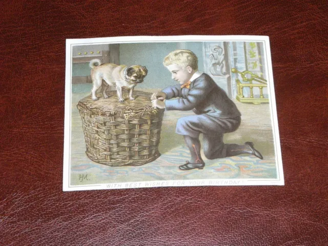 Original Victorian Helena Maguire Signed Greetings Card - Boy & Dog, Larger.
