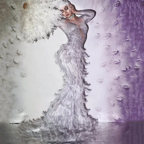 Sparkly Rhinestone Feather Long Tail Dress Women Evening Prom Party Stage Wear