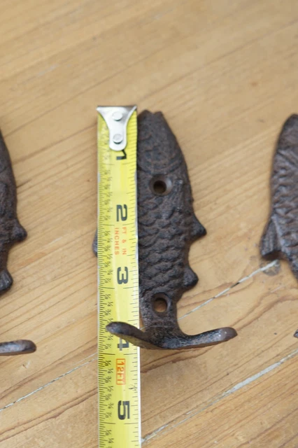 3 Fish Wall Hook Coat Hat Towel Beach Koi Hooks 4 3/4" Rustic Cast Iron Bath 4