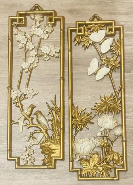 VTG MCM Homco Wall Decor 22" Asian Bamboo Birds Butterflies Floral Gold White