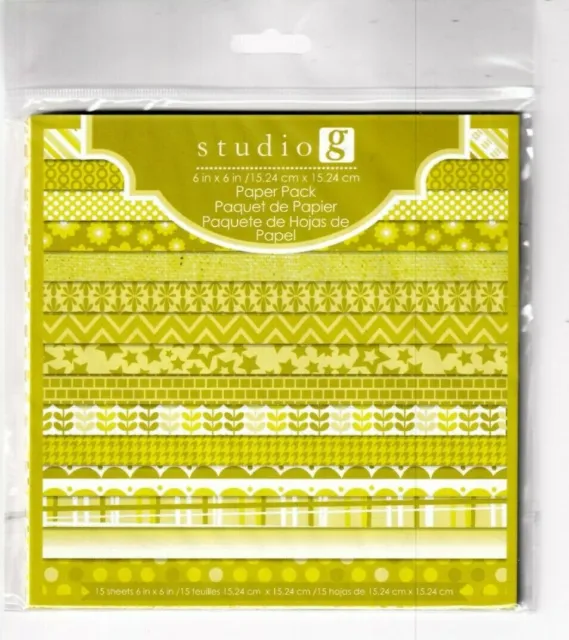 Paquete de papel Studio G 6x6" amarillo verde 15 hojas fabricación de tarjetas artesanales decoupage JJ
